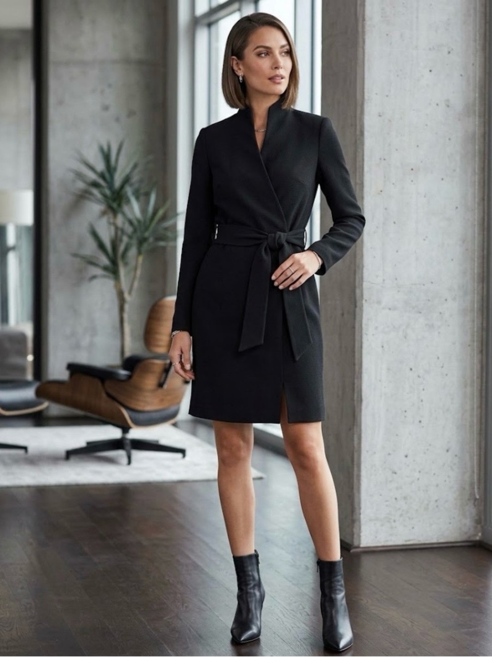 Jones New York Black Wrap Tie-Waist Long Sleeve Dress size 2P